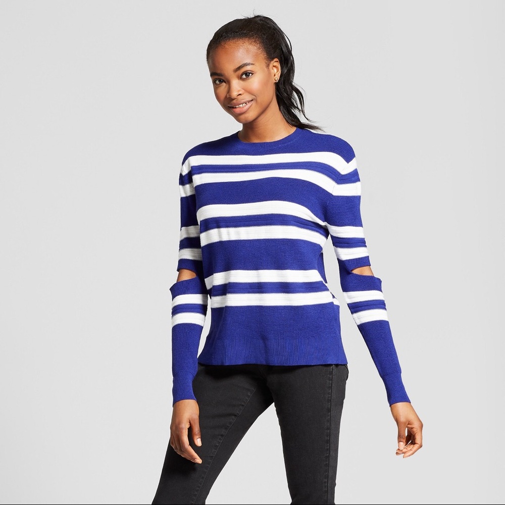 Blue and White Striped Sweater with Elbow Cut-Outs